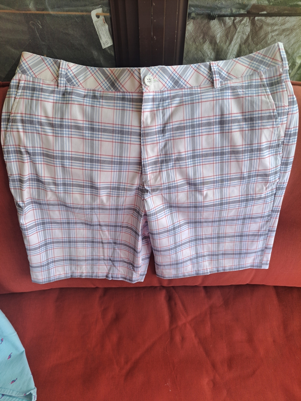 Izod White Plaid Golf Shorts with Blue and Red Stripes